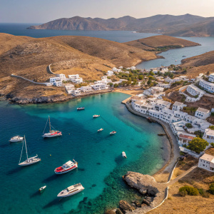 Aerial view of Kythnos Island, Greece. The town's whitewashed houses dot the landscape. The harbor is bustling with colorful boats. The crystal clear blue waters contrast sharply with the brown mountainous terrain.