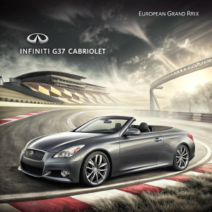 Digital poster featuring Infiniti G37 Cabriolet in a sleek pose. Background showcases dynamic race track visuals with European Grand Prix branding. Intricate design elements and promotional text surrounding the car.