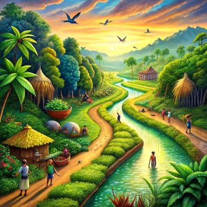 the scenario of long distance village area, no greenery, birds are unable to fly the are like half dead, without water, trees are getting dead, mud  broken of no fruit crops, everything is dull, people and villagers ( Indian) hoping for some miracle to  gods, people crying, the king is praying for grow some plants to the god, hands raining towars sky, crying, sad, his kingdom is dying for unbearable hungey,  they all in fields for praying