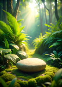 flat stone a green jungle, in the style of vray tracing, environmental portraiture, light white and amber, luminous landscapes, sculpted, natural, organic, dreamy for product