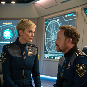 Charlize Theron and Scott Grimes at the starship Orville's briefing room. Both dressed in space uniforms. High-tech holographic maps displayed. Focused discussion