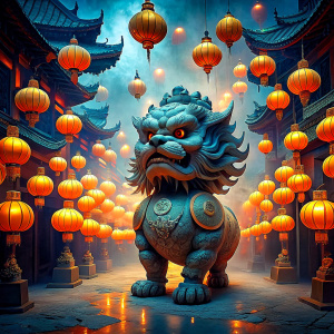 a chinese lion is walking around under lanterns, in the style of fantasy-inspired art, cryptopunk, gigantic scale, emotionally charged portraits, heistcore, piles/stacks, sgrafitto