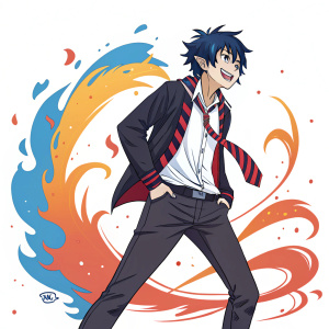 Digital art of Rin Okumura from Ao no Exorcist. He stands with a dynamic, energetic stance. Wearing a red and black striped tie. Vibrant colors like orange, blue, and red dominate the illustration