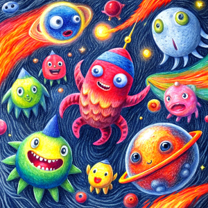Playful monsters explore the wonders of outer space in vibrant crayon pastels. Perfect for kids' imaginations!
