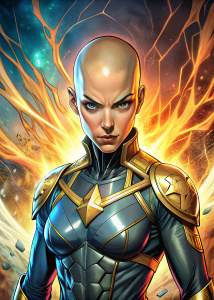 **Cassandra Nova (Marvel Comics)**
    - **Appearance**: Bald head, often wears a suit or simple clothing, and has a somewhat gaunt and intense appearance. "full body"
