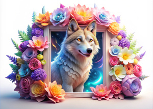 crea una hermoso lobo colorido y tierno realista sonriente 3d por fuera al lado de un marco por fuera grande 3d para fotos vacío, agarrando el marco por fuera adornado con flores coloridas hermosas alrededor del marco que no tape el marco y rosas hermosas de colores y 3 flores blancas 3d realistas al rededor con destellos de luces coloridas con estrellas en un fondo totalmente blanco y una hermosa flor blanca