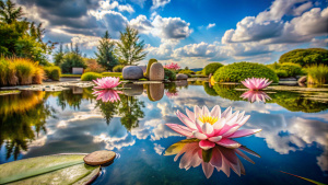 A tranquil pond in a Zen garden with floating lotus flowers and reflection of the sky.