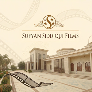Homepage of Sufyan Siddiqui Films. Elegant design with beige theme. Includes name, logo, contact info, and address.