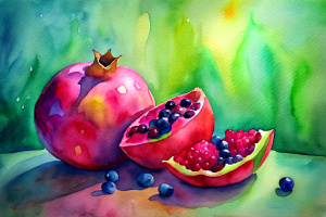 imagen es una pintura colorida que representa una naturaleza muerta.
Una variedad de frutas vibrantes.
Una sandía cortada mostrando su interior rojo y semillas negras.
Un racimo de uvas rojas.
Dos kiwis cortados por la mitad mostrando su centro verde brillante.
Manzanas rojas y verdes dispersas alrededor.
Naranjas enteras con su piel texturizada visible.
Un melón cortado revela su pulpa amarilla y semillas.
