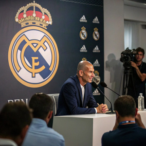 Zinedine Zidane giving an interview at the press conference. Real Madrid crest prominently displayed on the backdrop.