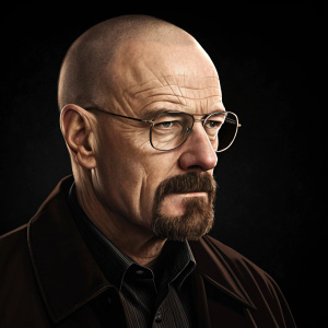 Digital portrait of Walter White from Breaking Bad. Wearing glasses and mustache. Against a sleek black backdrop