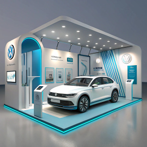 A sleek Volkswagen exhibition at the auto show. Modern booth design with white and blue hues, illuminated by soft ambient lighting. Exhibiting the latest car model and detailed information displays.