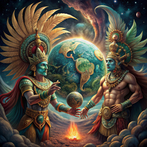 Mayan Gods Tepew an Gucumatz Mayan Gods creating planet earth, covered in quetzal feathers and jade stones, mayan mythology