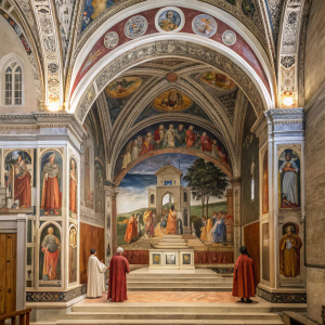 A detailed fresco painting from the Strozzi Chapel inside the Church of Santa Maria Novella in Florence, Italy. It showcases a variety of figures in traditional religious attire, set against an ornate architectural backdrop with rich, vibrant colors.