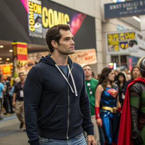 Henry Cavill, dressed in casual jeans and a hoodie, attending Comic-Con. Vibrant backdrop of cosplayers and event signs.