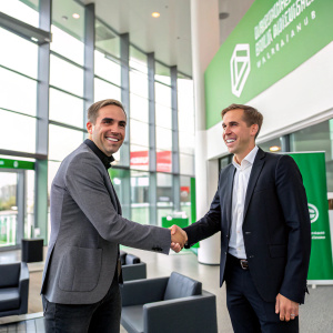 Philipp Lahm and a colleague shaking hands at a corporate event. Modern office space backdrop, green and white branding visible