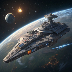 High-tech concept art of the Starfire Heavy Cruiser, a colossal spacecraft from the Space Wars series, featuring sleek and detailed futuristic design.
