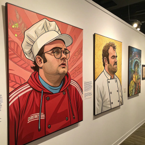Jim Lahey and Randy from 'Trailer Park Boys' depicted in vibrant comic book style illustrations, showcased at the Art & Illustration exhibit.