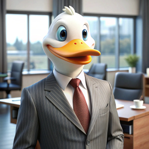 Create a picture of the dolan duck meme in a office  suit