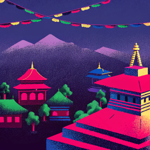 Kathmandu, Nepal. Bird's eye view of the bustling city. Traditional Nepali architecture, lush greenery, and distant mountains. Clear blue sky and fluffy clouds above.