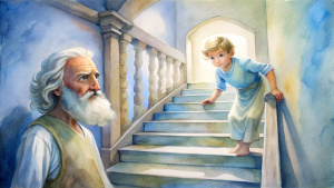 In the Bible, ancient times, in the background of the upstairs in the house, Elijah with short white hair took the child down from the upstairs and went into the house to give it to his mother