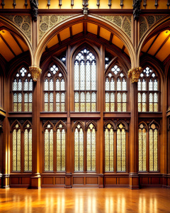 grand lobby wood hight wall hight 4 window gothic glass- high-definition - brown and black wood wall- old wood grey background 