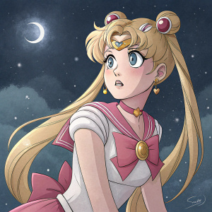 Serena, known as Sailor Moon, looks shocked. She wears a pink leotard with the iconic crescent moon symbol. Dark, starry night background