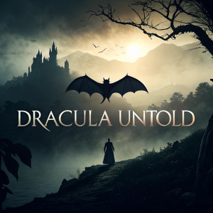 The official poster for Dracula Untold. Dark gothic theme, a silhouette of a bat