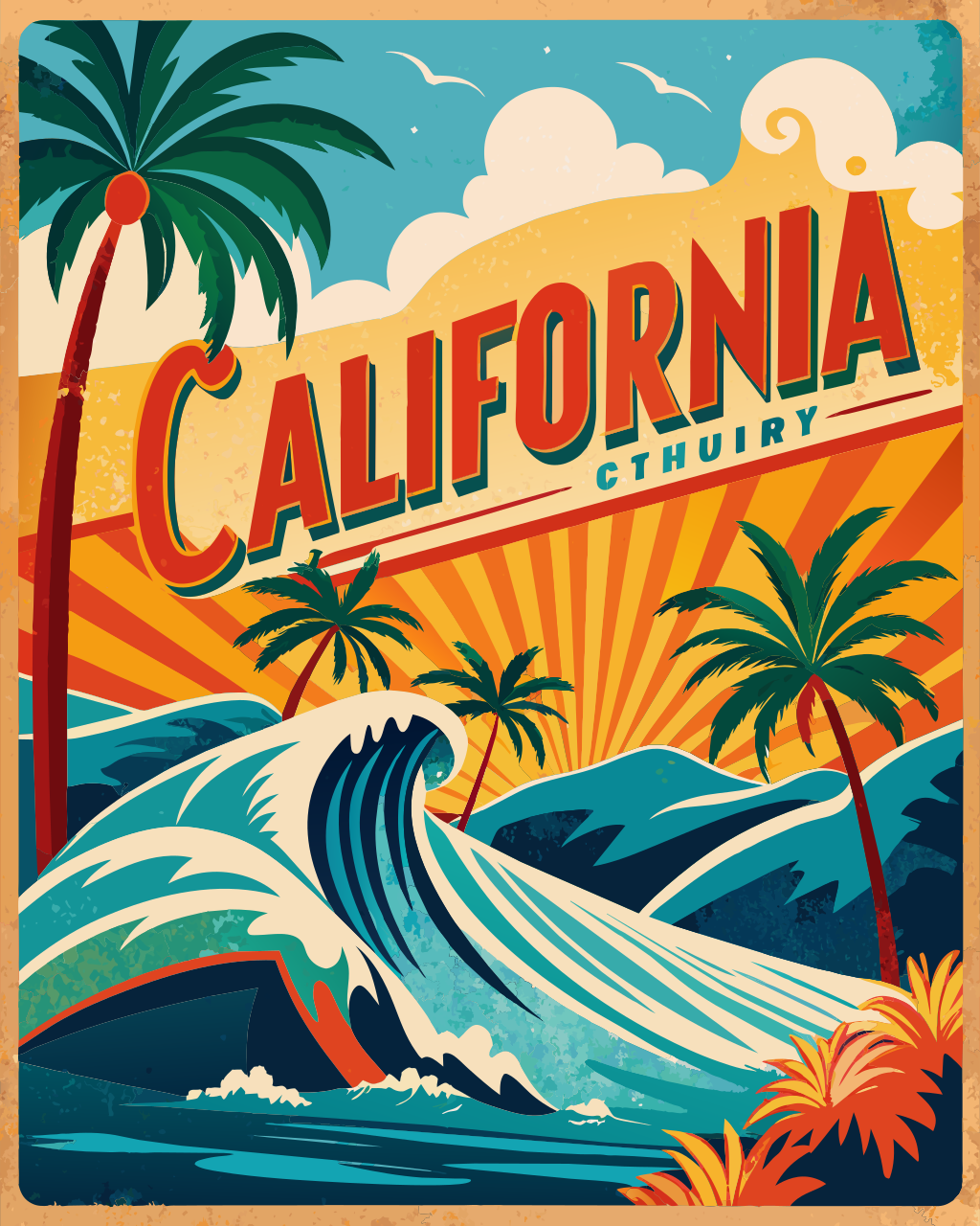 Vintage Painterly style of a California travel poster showing beach, waves, palm trees, vibrant, illustration, typography, painting
