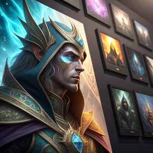 A digital art gallery featuring a High Elves Mage from Warcraft. Various styles and techniques, abstract images, detailed textures, grid layout, diverse color schemes