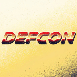 A futuristic DEFCON logo in vivid red, standing out against a jet-black background. The text boasts a sleek, 3D angular design, showcasing a modern, edgy aesthetic.