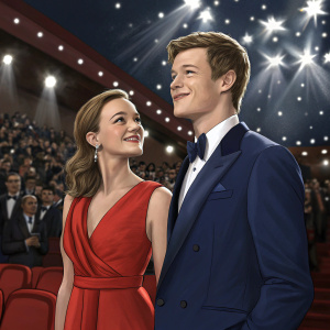Ed Speleers and Asia Macey at a film festival. They're wearing formal attire. Ed in a navy blue suit, Asia in a vibrant red dress. Crowded venue with flashing lights