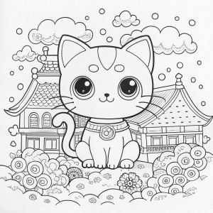 a cute cat,Azumanga Daioh style,Aqua
blank background ,in the distance,wide
angle.HD --ar 1280:2300