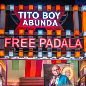 Tito Boy Abunda featured in a vibrant promotional ad. 'FREE PADALA' in bold letters. Colorful background, detailed offer text