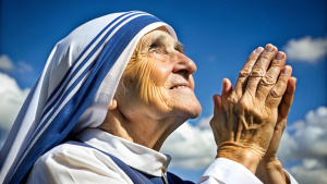  una delgada y anciana monja catolica estilo teresa de calcuta reza con las manos alzadas al cielo