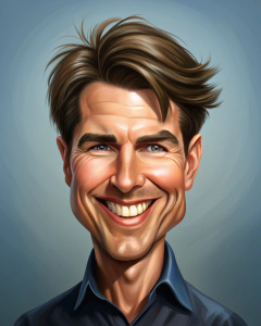 Caricature drawing of Tom Cruise extremely exaggerated, solid background 