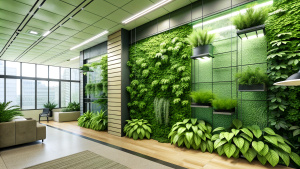 Green living wall with perennial plants in modern office. Urban gardening landscaping interior design. Fresh green vertical plant wall inside office