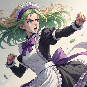 Digital art of a young female character in a dynamic fighting pose. She has a determined look. Her hair is a mix of blonde and green hues. She wears a detailed maid outfit with black, white, and purple highlights. The background is simple and neutral.