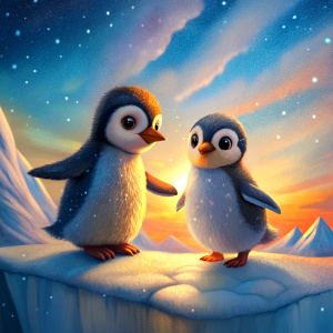 two cute penguins meeting each other with excitement on a snow covered cliffs