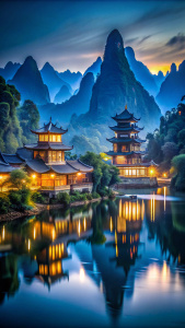 chinees typical nature landscape, beautyful night photo, dark blue tones