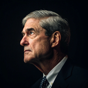 Robert Mueller, intense stare in dim light. Solemn demeanor against dark background