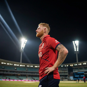Ben Stokes, cricketer, with stubble and short hair, dressed in a red jersey. Stadium lights blur into the background