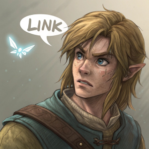 Digital illustration showcasing Link from Legend of Zelda, his face a mix of determination and weariness. Close-up focus on rugged, weathered features and rough-hewn tunic. Detailed, expressive style. Muted, neutral background. Small fairy-like companion floats nearby. Text bubble with message.