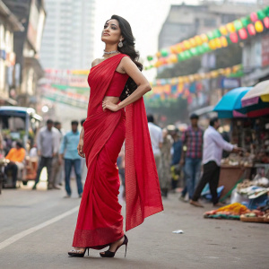 Amrita Rao on the bustling streets of Mumbai, wearing a vibrant red saree and matching high-heels. Crowds and colorful street life visible in the background. Bright and vibrant scene.