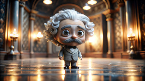 Character portrait of Albert Einstein, standing on stage, side profile, caricature, grisaille, chibi, kawaii,3d rendering, octane rendering, volumetric light, victorian fashion, metallic, highly-detailed symmetric face, detailed eyes, ultra sharp, highest quality, art by Anja Millen and George Cruikshank and Bordalo II, smooth, sharp focus, trending on artforum, behance hd, kids story book style, muted colors, watercolor style


