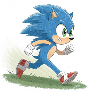 Hand-drawn illustration of Sonic the Hedgehog. Running pose with vibrant color palette. Detailed blue fur and emerald eyes.