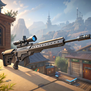 High-definition screenshot showcasing Ana's Bionic Rifle from Overwatch. Game environment background