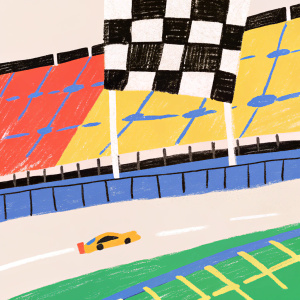 Checkered flag with Sunoco logo at the NASCAR race at Las Vegas Motor Speedway. Empty grandstands and a lone racing car on the track.
