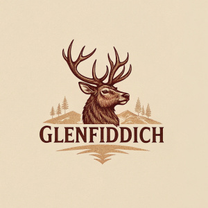 The Glenfiddich logo showcases a detailed stag's head and antlers in deep brown hues. The brand name 'Glenfiddich' is elegantly placed underneath, rendered in a bold, modern sans-serif font.