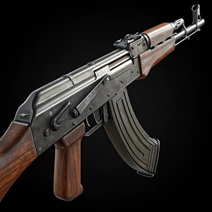 3D render of an AKM assault rifle. Dark metallic body, wooden stock. Black background